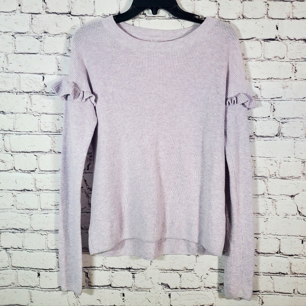 J Crew Light Lavender Cotton Ruffle Long Sleeve Sweater Round Neck Pullover S